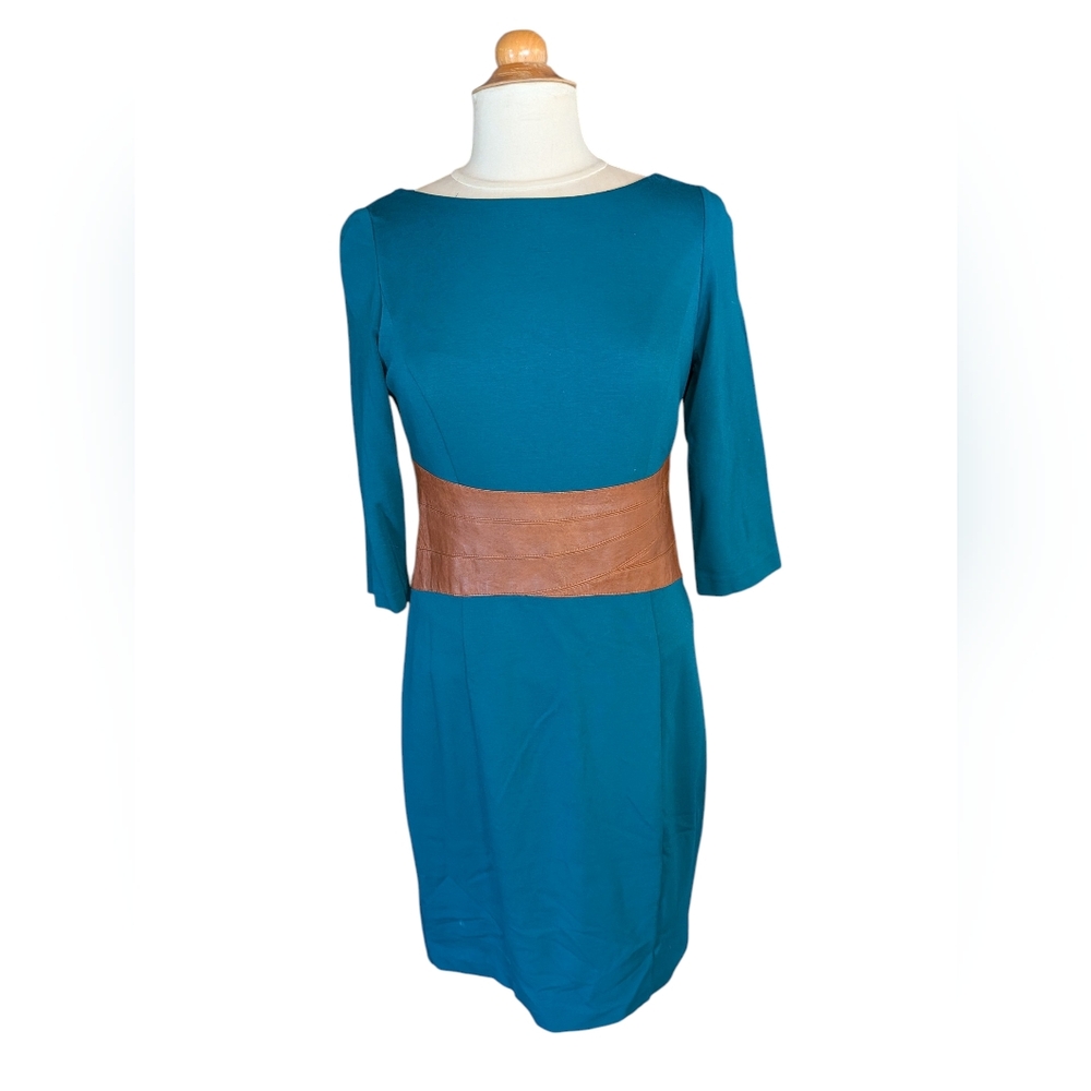 Nue By Shani Turquoise Blue Dress With Leather Waist Accent Size 8 Like New